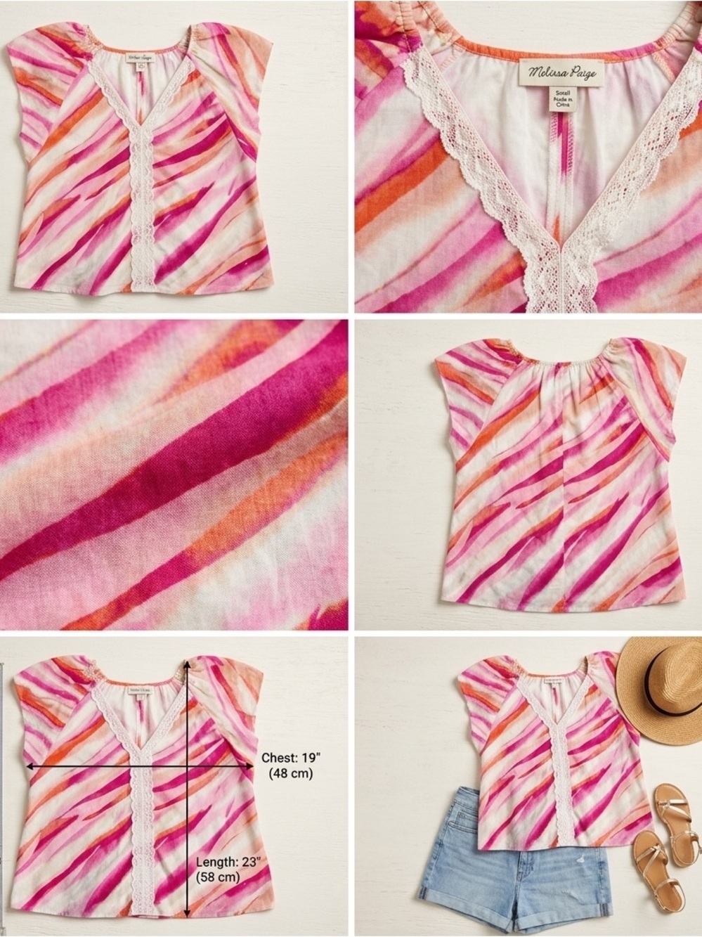 Melissa Paige Pink & Orange Striped Lace-Trim Top - size sm